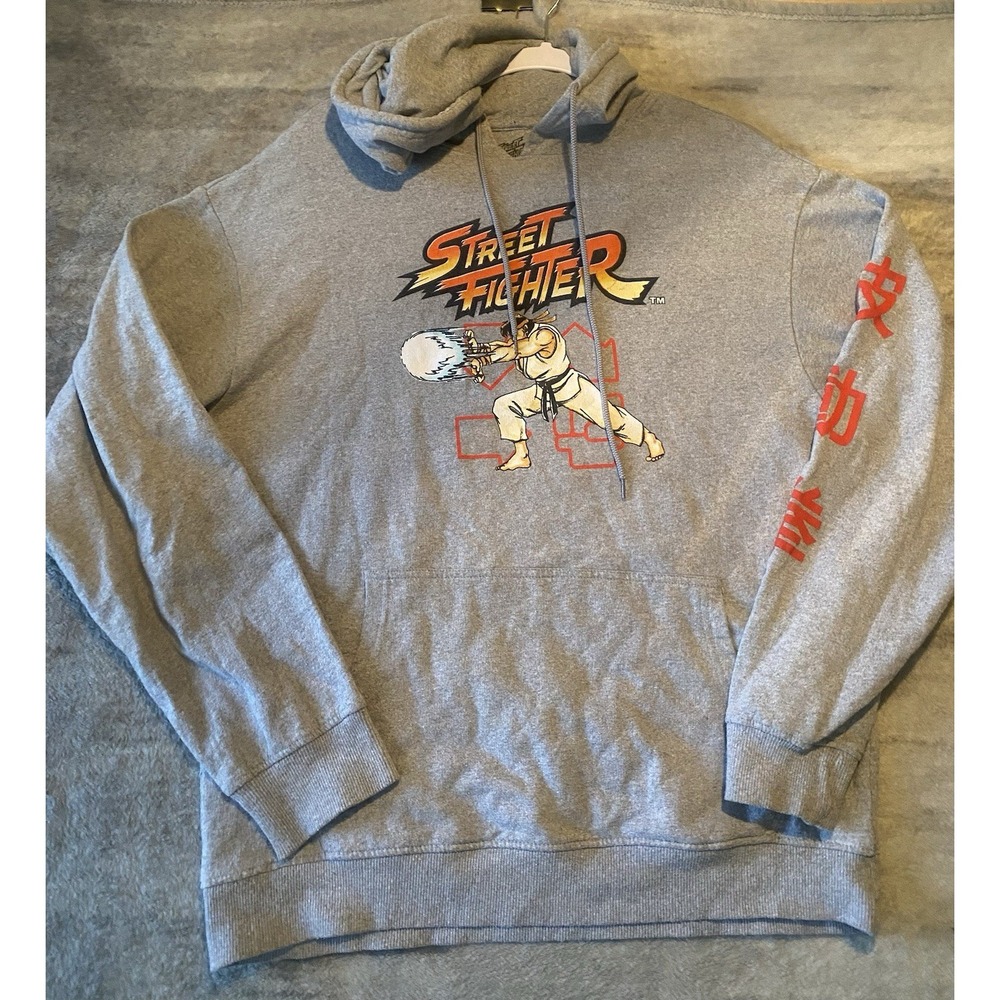 Street Fighter Ryu Hadouken Graphic Hoodie Gray Mens Large Capcom Retro‎ Gaming